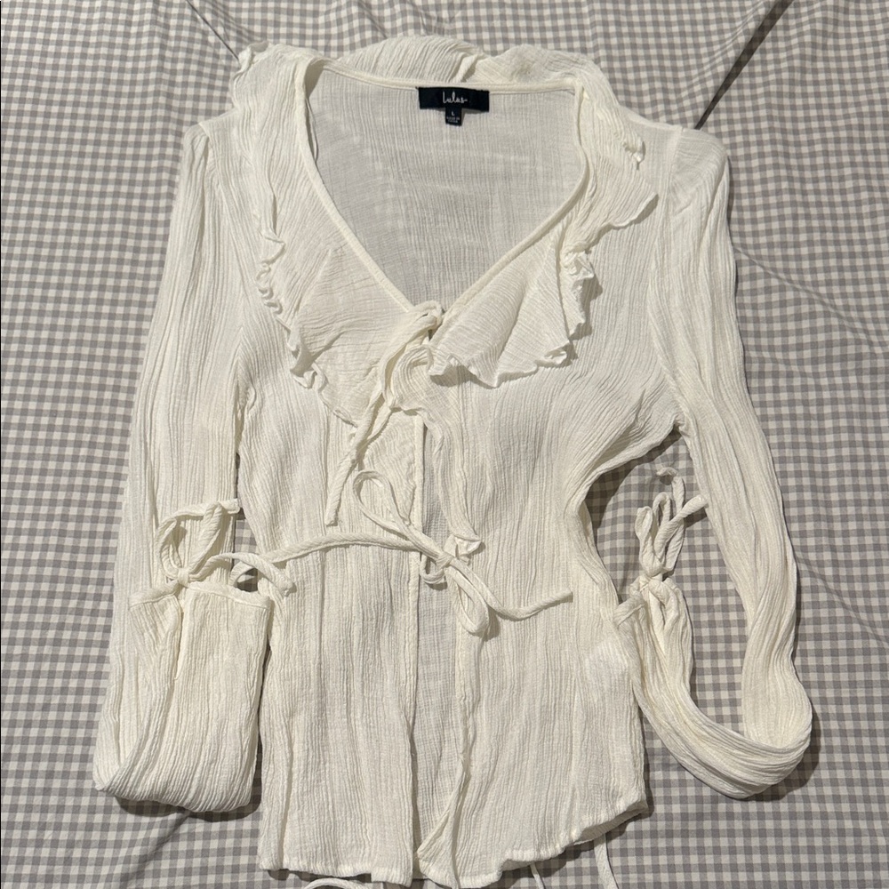 Lulu's Cream Textured Blouse with Ruffle Details